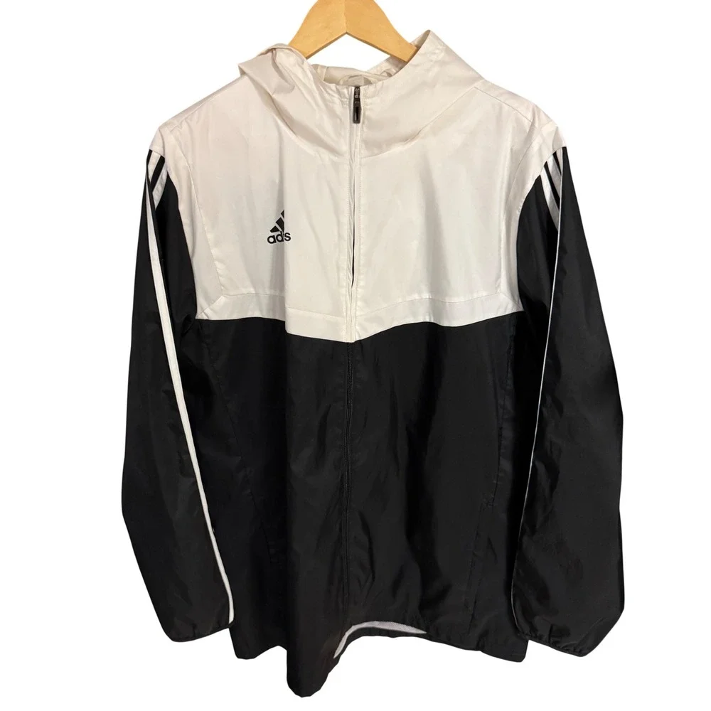 Adidas Mens Windbreaker Jacket Black White Colorblock Hooded Mesh Lined Large